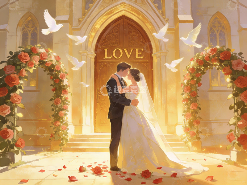 高清大图下载【趣麦麦图】新人在教堂前深情相拥