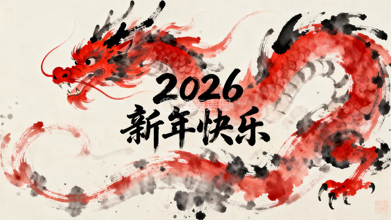 高清大图下载【趣麦麦图】红色龙年水墨画新年祝福