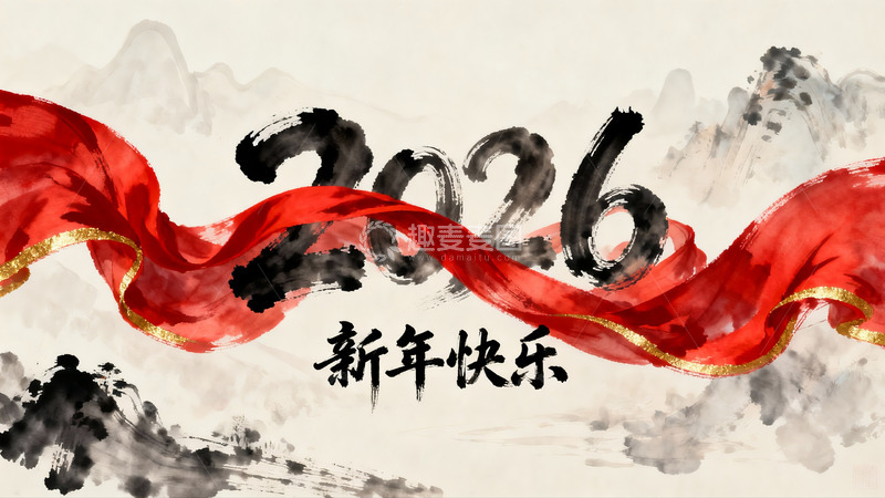 高清大图下载【趣麦麦图】新年快乐水墨画设计