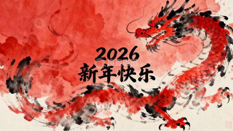 高清大图下载【趣麦麦图】红色龙年水墨画新年祝福