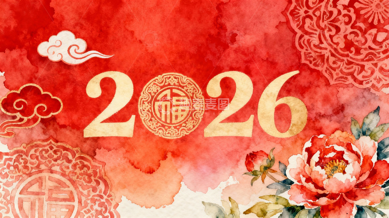 高清大图下载【趣麦麦图】2026新年红色水彩花卉装饰图
