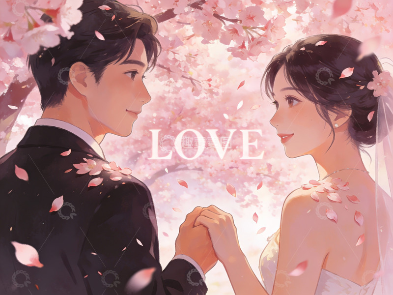 高清大图下载【趣麦麦图】樱花树下牵手的情侣