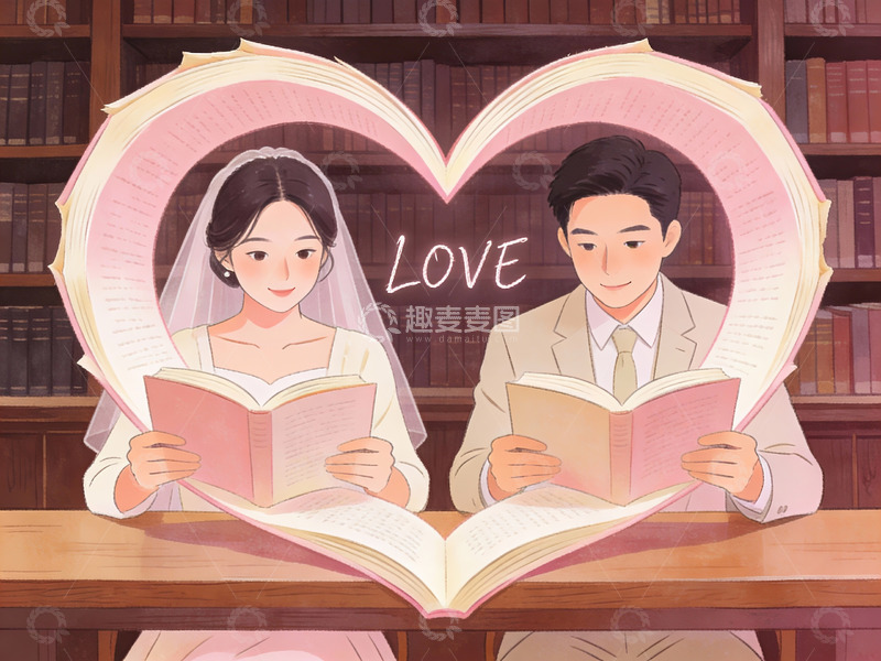 高清大图下载【趣麦麦图】图书馆中阅读的新人情侣