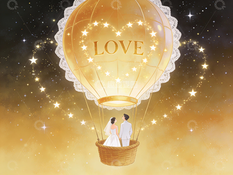 高清大图下载【趣麦麦图】热气球上的情侣星空浪漫