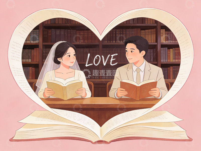 高清大图下载【趣麦麦图】新人在图书馆共读书籍