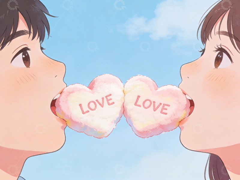 高清大图下载【趣麦麦图】情侣吹出爱心棉花糖