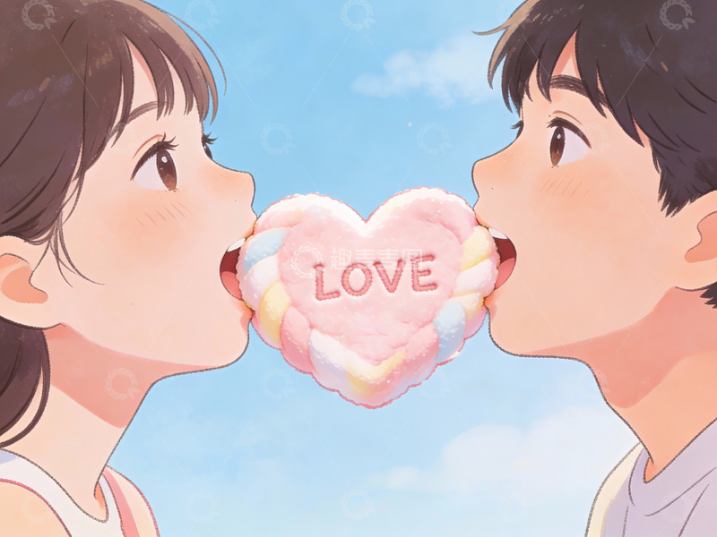 高清大图下载【趣麦麦图】情侣共享爱心棉花糖
