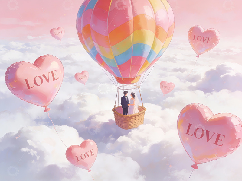 高清大图下载【趣麦麦图】热气球上的情侣与爱心飘浮