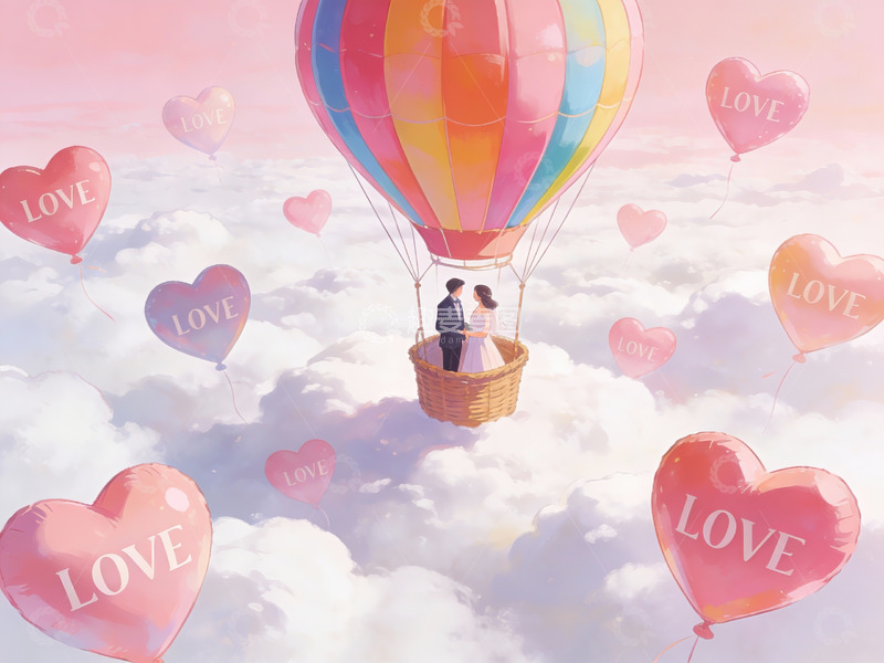 高清大图下载【趣麦麦图】热气球上的情侣与爱心气球