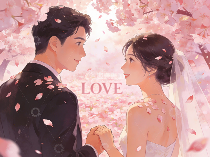 高清大图下载【趣麦麦图】樱花树下新人牵手