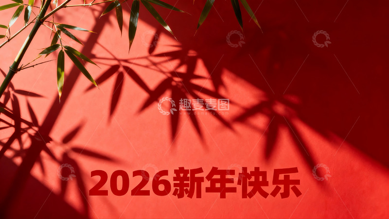 高清大图下载【趣麦麦图】红色背景竹影新年祝福
