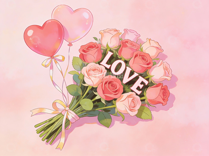 高清大图下载【趣麦麦图】玫瑰花束与爱心气球