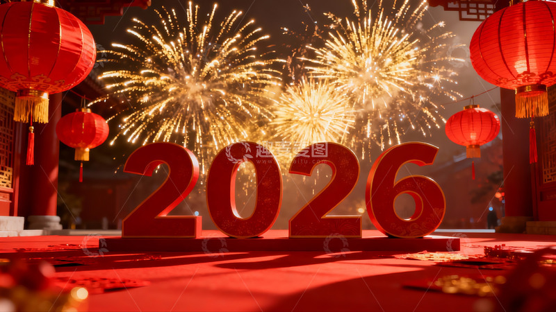 高清大图下载【趣麦麦图】新年烟花与红灯笼装饰