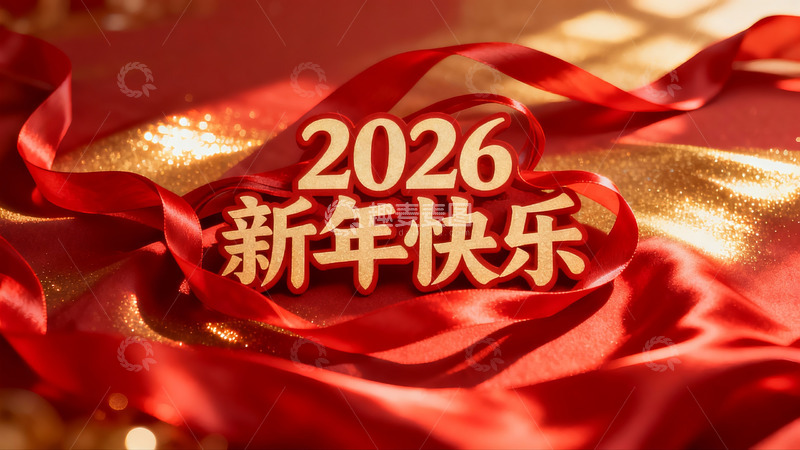高清大图下载【趣麦麦图】新年快乐2026红色丝带装饰