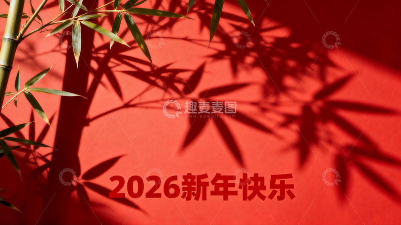 高清大图下载【趣麦麦图】红色背景竹影新年祝福