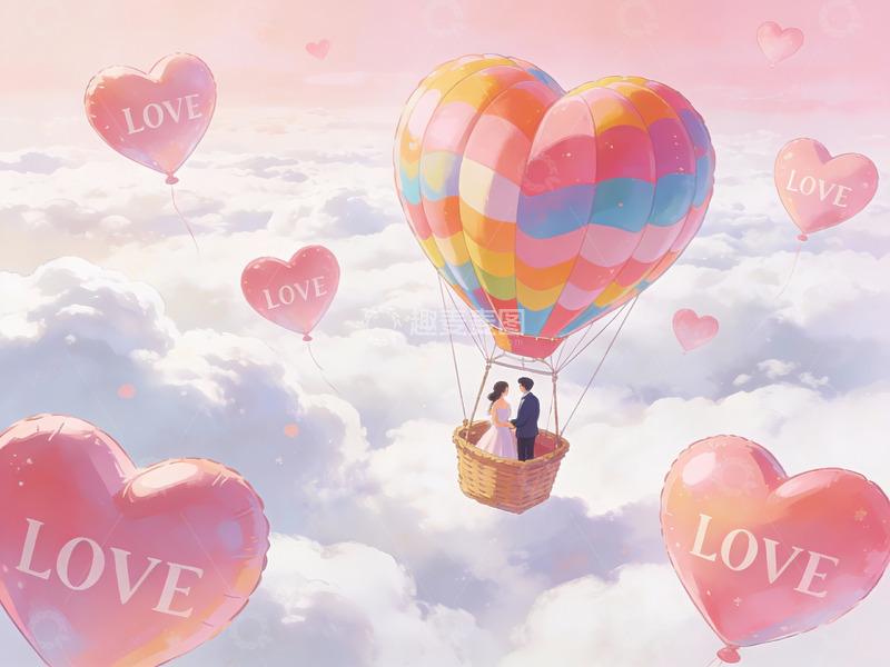 高清大图下载【趣麦麦图】情侣乘心形热气球飞翔