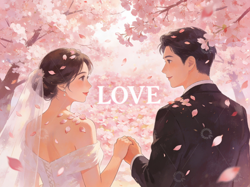 高清大图下载【趣麦麦图】樱花树下新人牵手