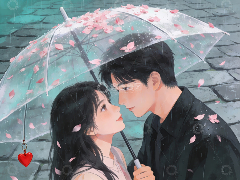 高清大图下载【趣麦麦图】雨中樱花伞下情侣相拥