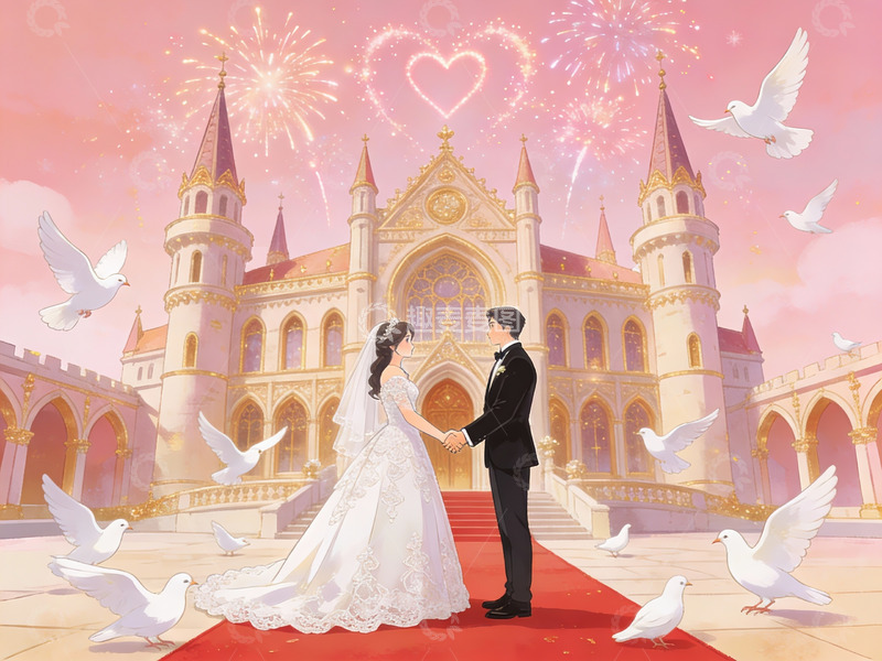 高清大图下载【趣麦麦图】婚礼场景中的新人与城堡