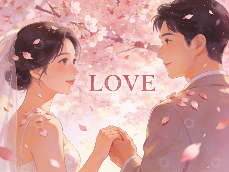 高清大图下载【趣麦麦图】樱花树下新人牵手