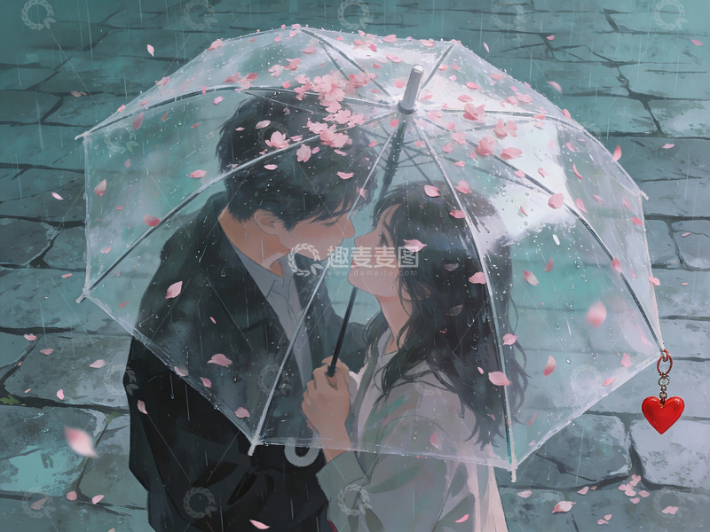 高清大图下载【趣麦麦图】雨中樱花伞下情侣亲吻