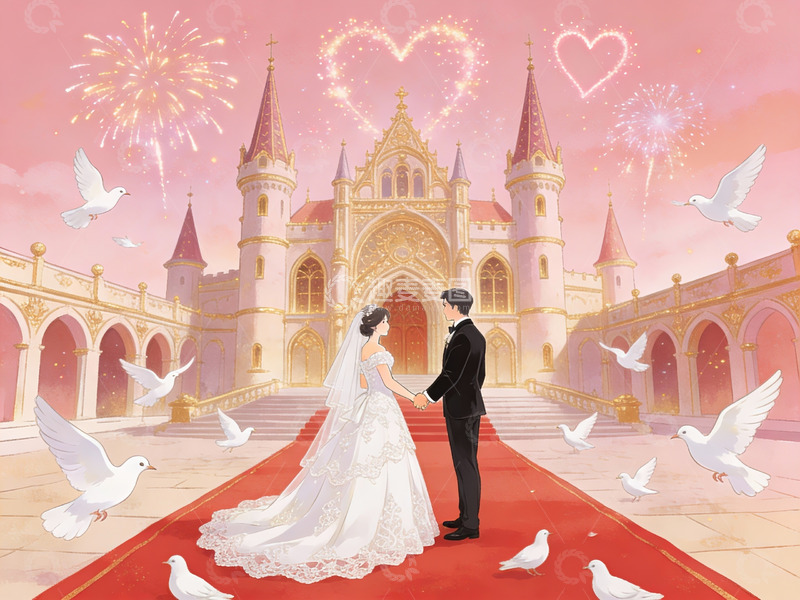 高清大图下载【趣麦麦图】婚礼场景中的新人与城堡