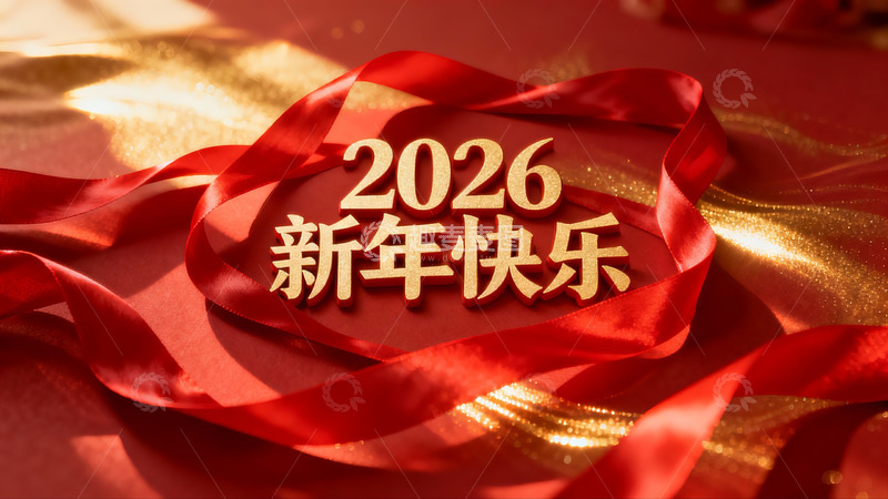 高清大图下载【趣麦麦图】2026新年快乐红色丝带装饰