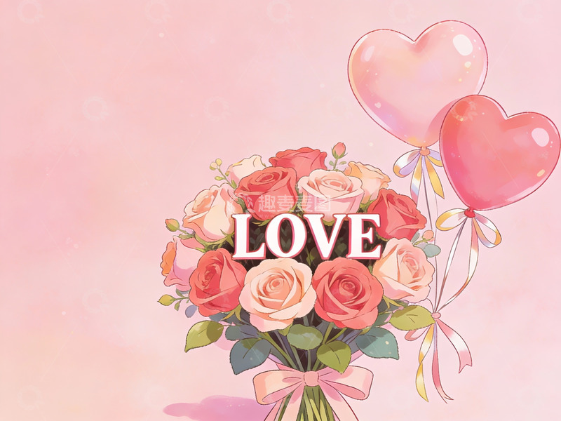 高清大图下载【趣麦麦图】玫瑰花束与爱心气球