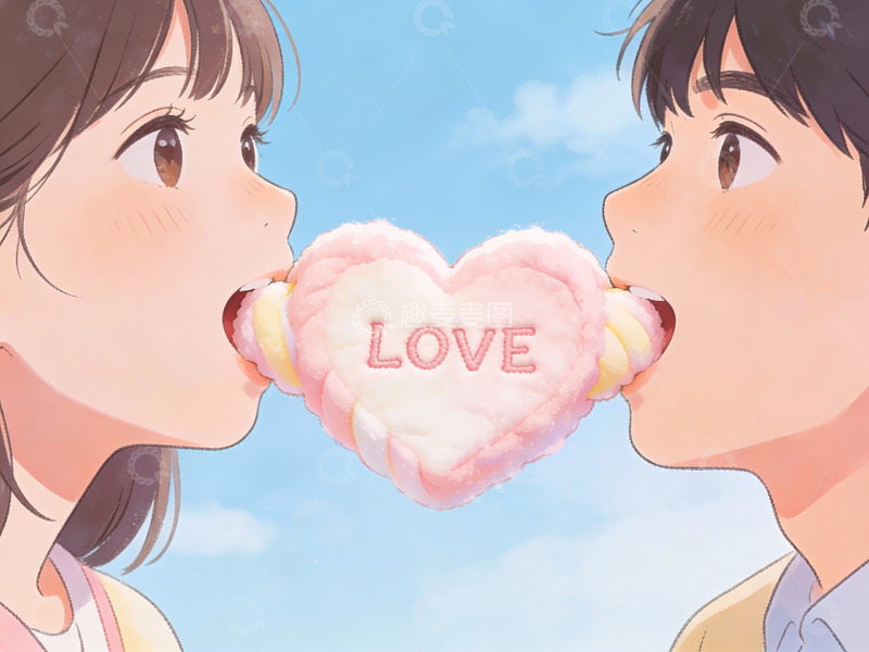 高清大图下载【趣麦麦图】情侣共食爱心棉花糖