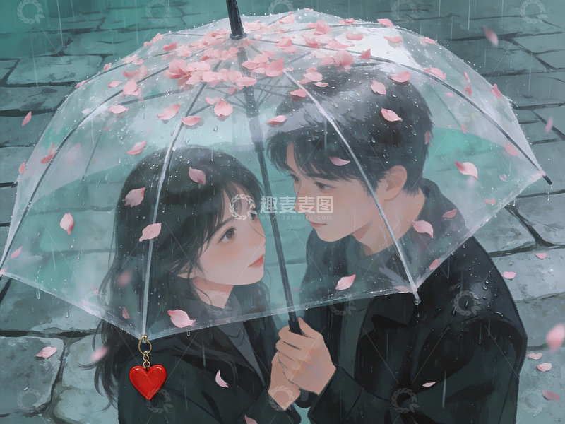 高清大图下载【趣麦麦图】雨中樱花伞下情侣