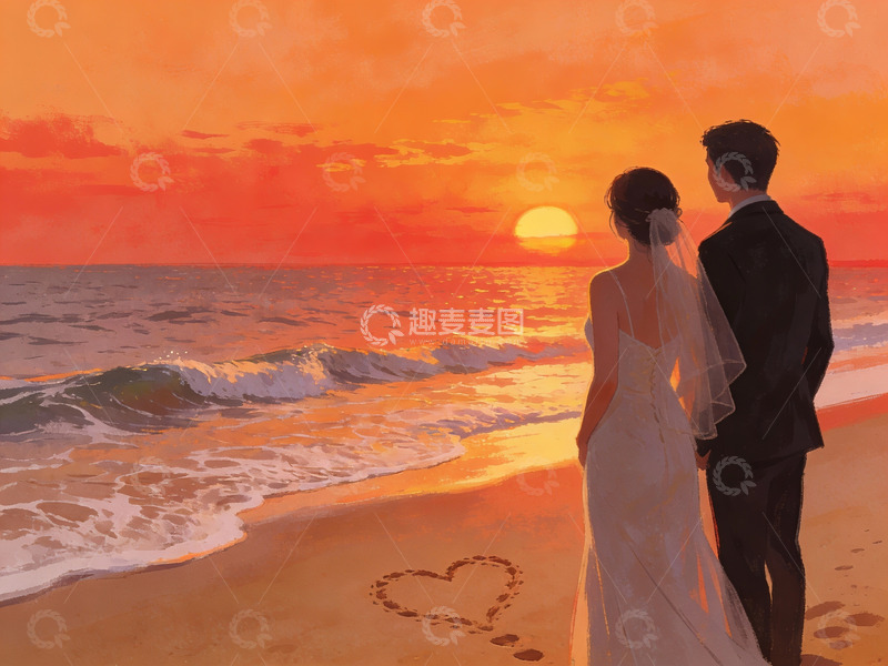 高清大图下载【趣麦麦图】夕阳海滩新人背影