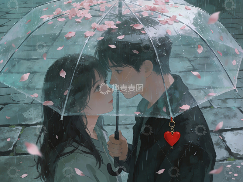 高清大图下载【趣麦麦图】雨中樱花伞下情侣