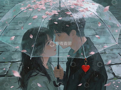 雨中樱花伞下情侣