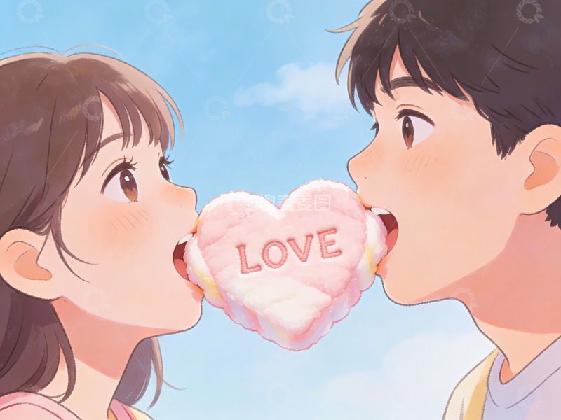高清大图下载【趣麦麦图】情侣共享爱心棉花糖