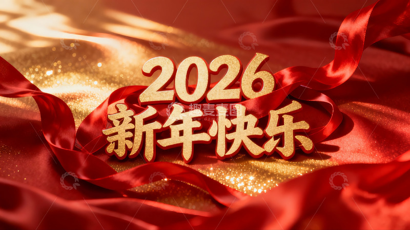 高清大图下载【趣麦麦图】2026新年快乐红色丝带装饰