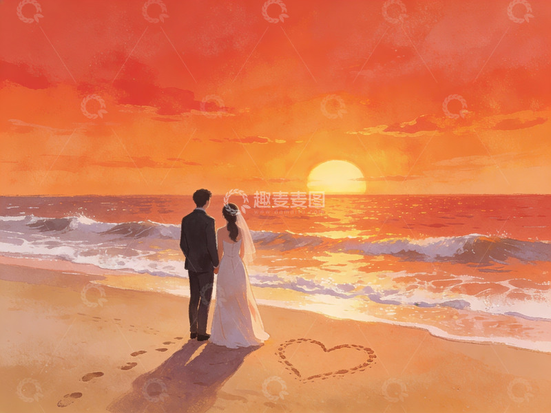 高清大图下载【趣麦麦图】夕阳下海滩新人剪影
