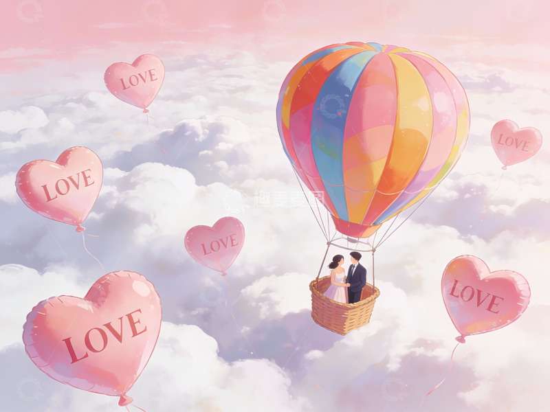高清大图下载【趣麦麦图】情侣乘热气球飘浮云间