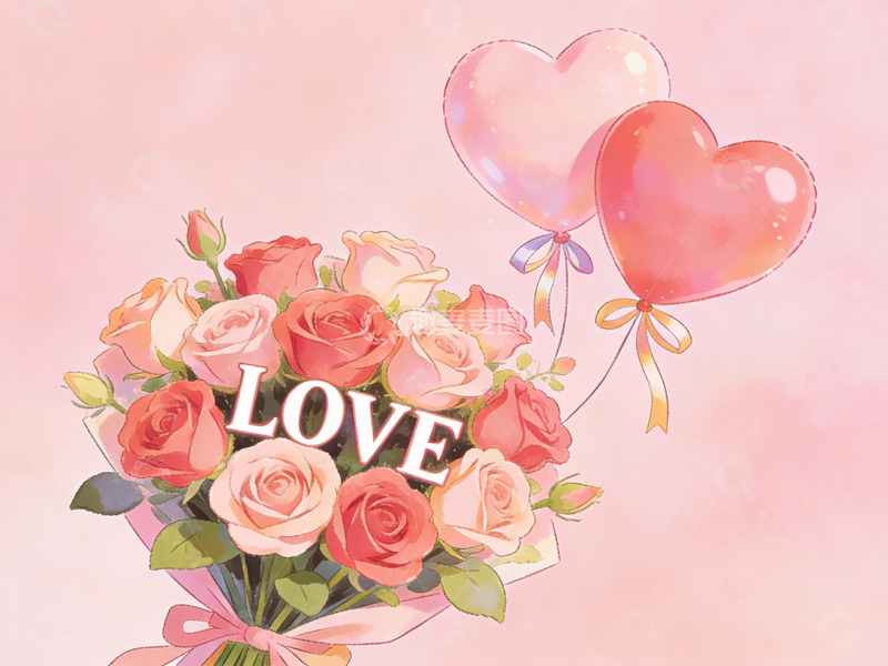 高清大图下载【趣麦麦图】玫瑰花束与爱心气球