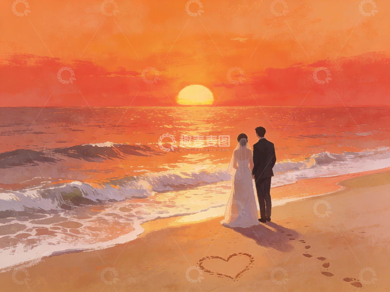 高清大图下载【趣麦麦图】情侣海滩日落剪影