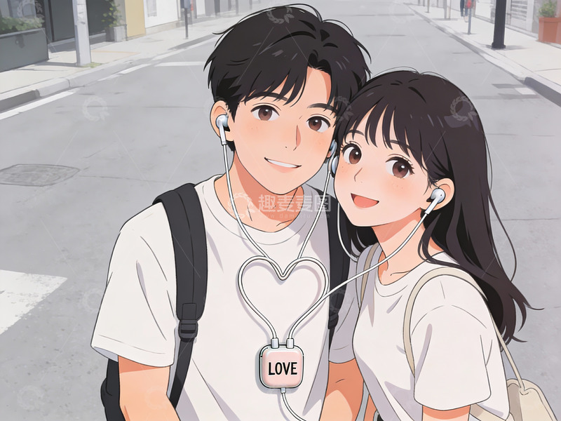 高清大图下载【趣麦麦图】情侣街头共享耳机听歌