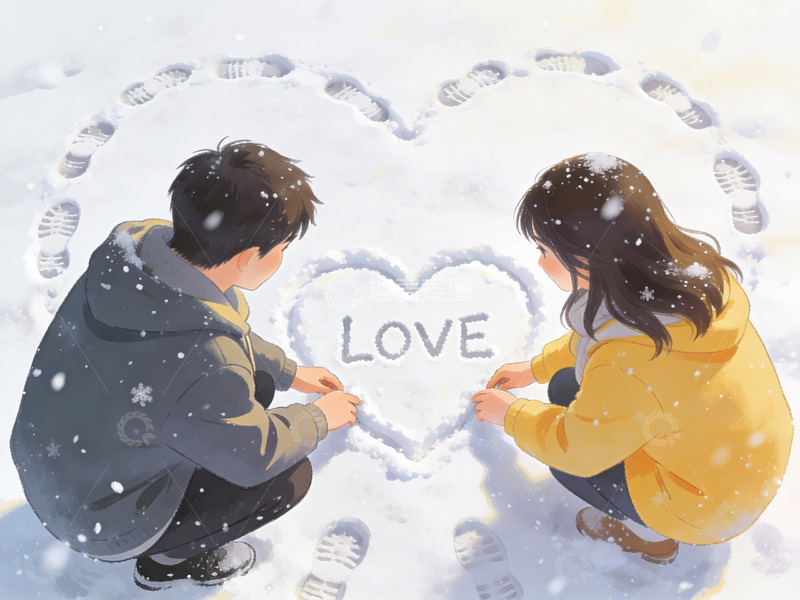 高清大图下载【趣麦麦图】雪地情侣共绘爱心