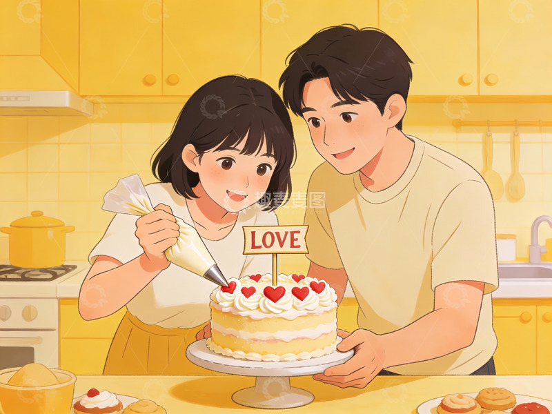 高清大图下载【趣麦麦图】情侣在厨房制作爱心蛋糕