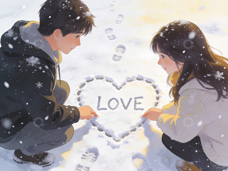 高清大图下载【趣麦麦图】雪中情侣共绘爱心