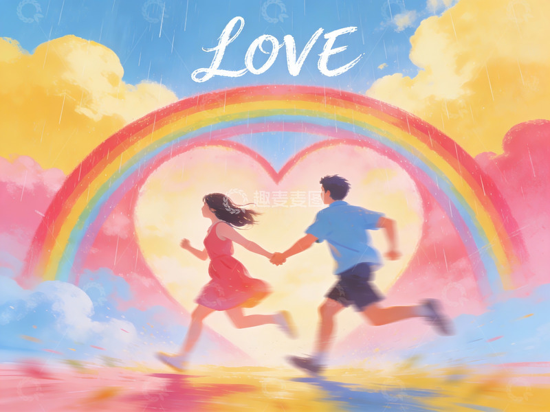 高清大图下载【趣麦麦图】情侣手牵手奔跑在彩虹下