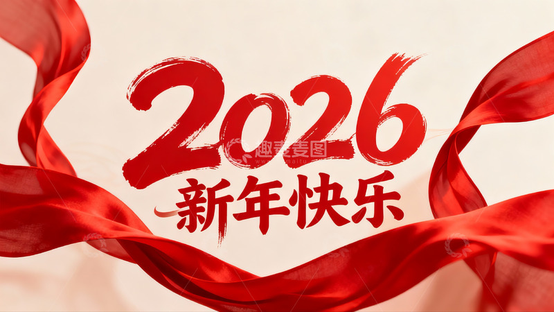 高清大图下载【趣麦麦图】2026新年快乐红色飘带祝福