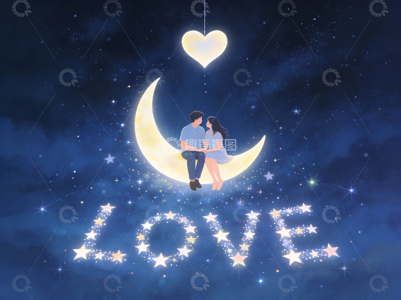 高清大图下载【趣麦麦图】情侣月下相拥，星光拼出爱字