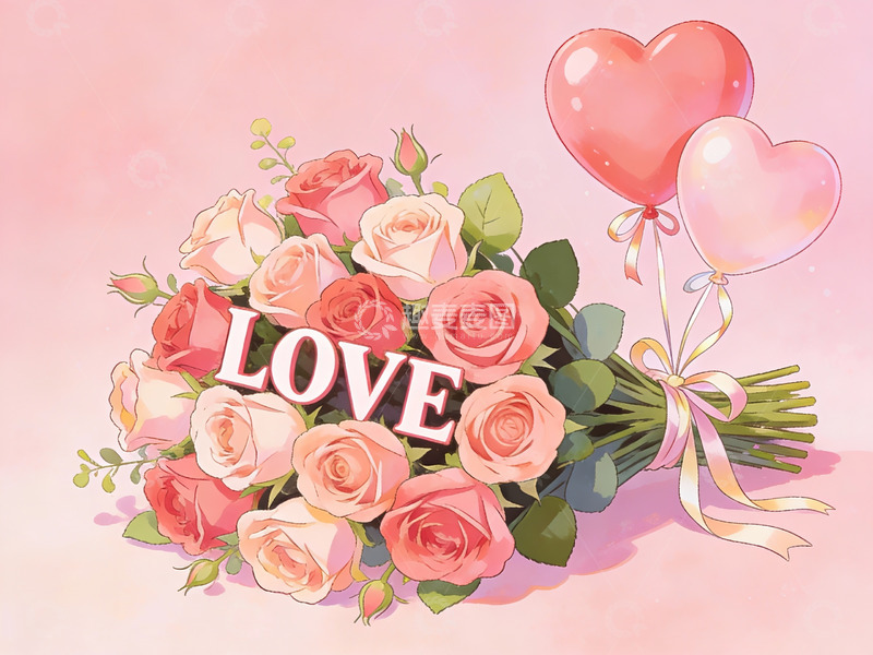 高清大图下载【趣麦麦图】玫瑰花束与爱心气球