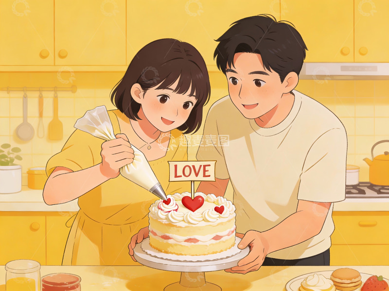 高清大图下载【趣麦麦图】情侣在厨房制作爱心蛋糕