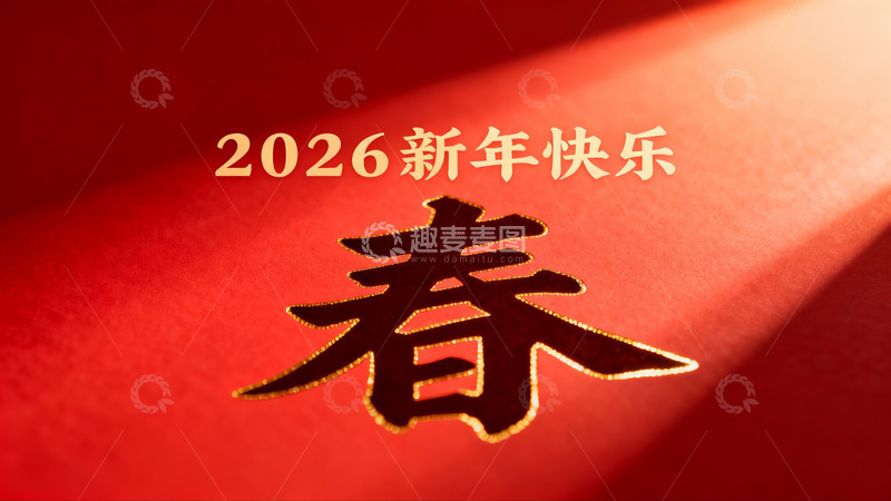 高清大图下载【趣麦麦图】红色背景金色春字新年祝福