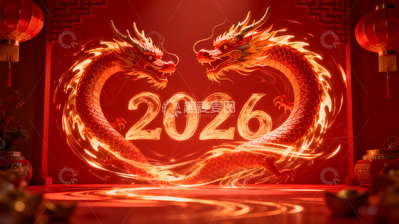 高清大图下载【趣麦麦图】双龙环绕2026新年庆典场景